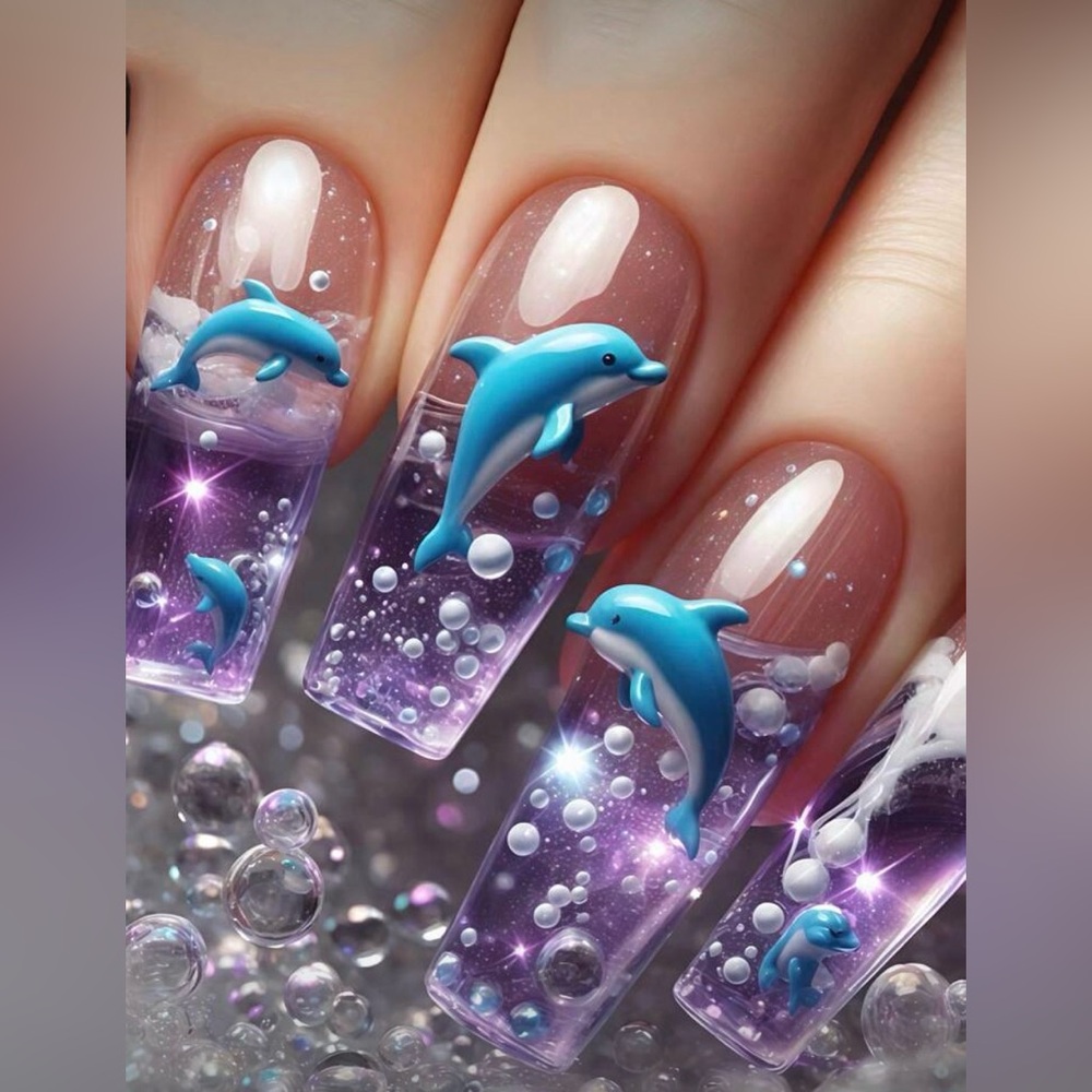 Leaping Dolphins Coffin Nail Kit, Blue, Purple, Press-On Nails, New